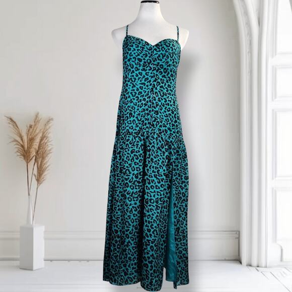 Michelle Mason Silk Leopard Print Slip Dress Teal Open Back Maxi Size 8